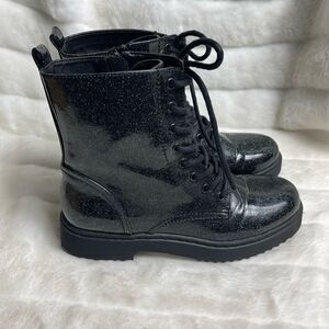 X appeal black glitter patent faux leather combat boots with side zipper…E8